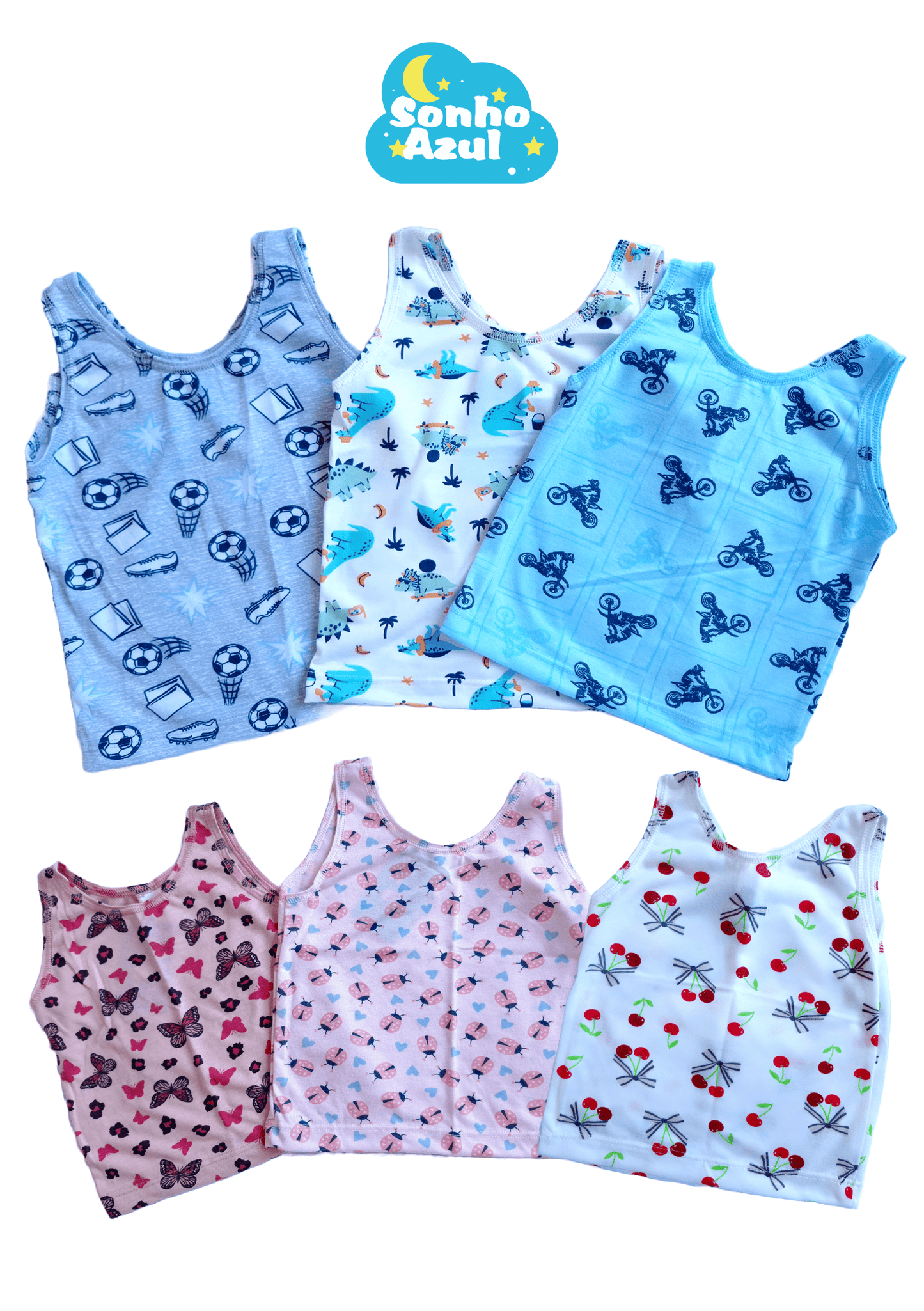 Kit 5 Camisetas Regata Bebê Sonho Azul | Leve 5 Pague 3! | ~39% OFF