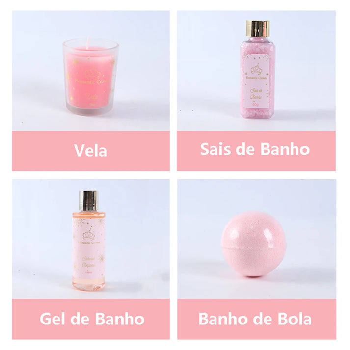 Itens do Kit de Spa Romantic Crown: Gel de Banho, Sais, Sabonete e Vela
