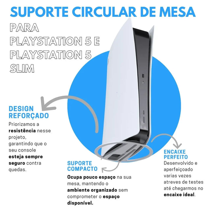 Detalhe do Design Circular e Base Estável do Suporte Vertical para PS5