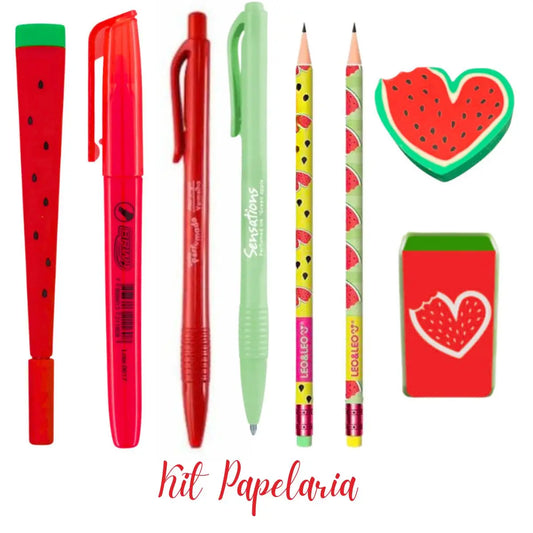 Kit Papelaria Melancia Fofa Kawaii (7 Itens) | Estudos e Criatividade | ~45% OFF