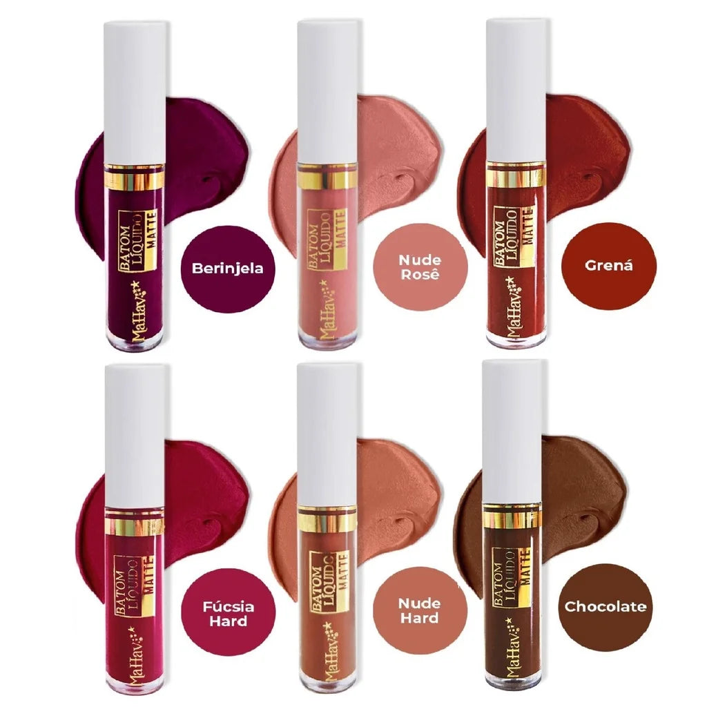 Batom Líquido Matte Mahav - Toque Aveludado | 12 Cores | 64% OFF + Frete Grátis